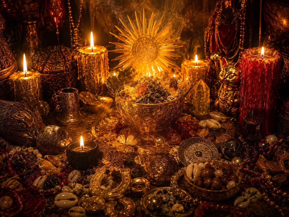 Altar de la suerte: sol dorado, monedas y cristales a la luz de las velas