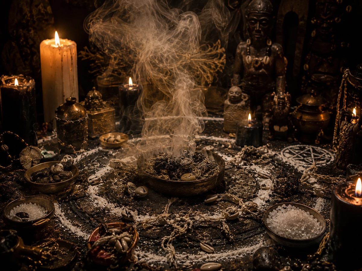 Ritual de liberación: brasero humeante rodeado de sal y cristales