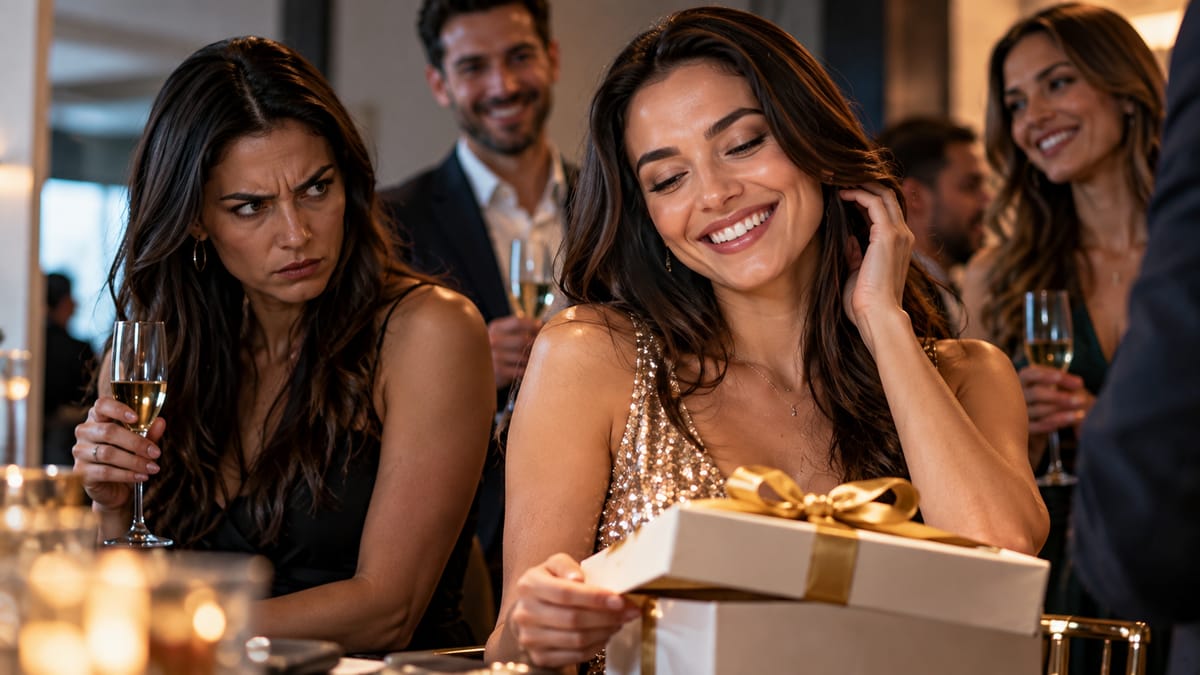 Una mujer sonriente abre un regalo bajo una mirada de envidia