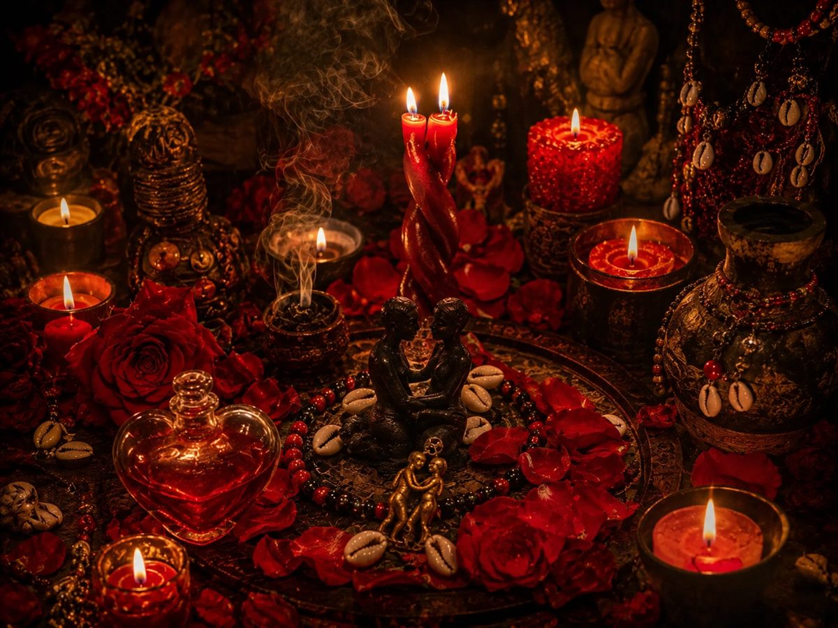 Altar de retorno del ser amado: velas rojas, rosas y frasco con forma de corazón